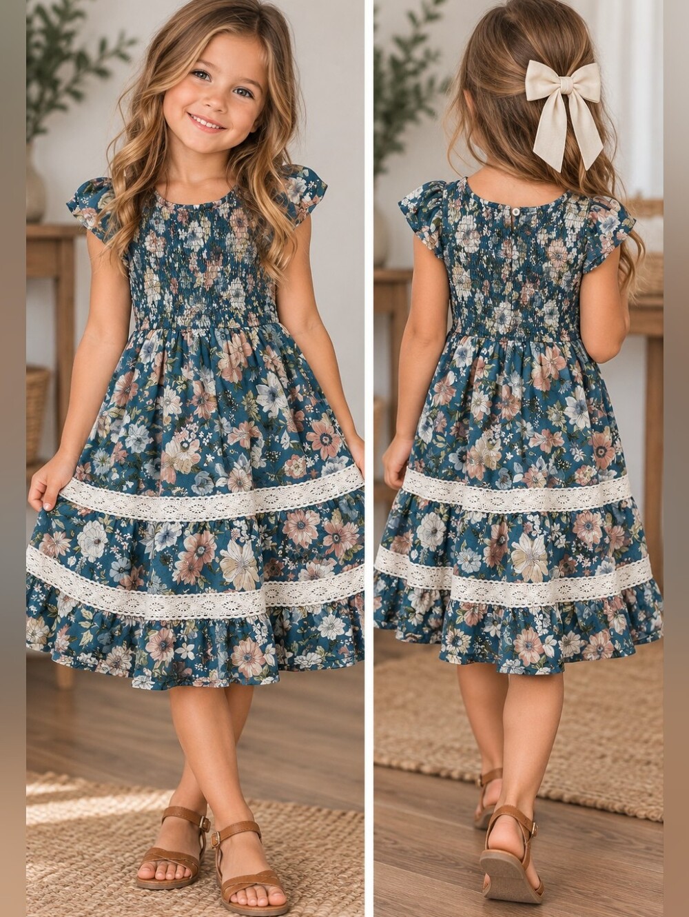 Fehrn Girls Size 4-5 Blue Floral Smocked Tiered Midi Dress Lace Cottagecore